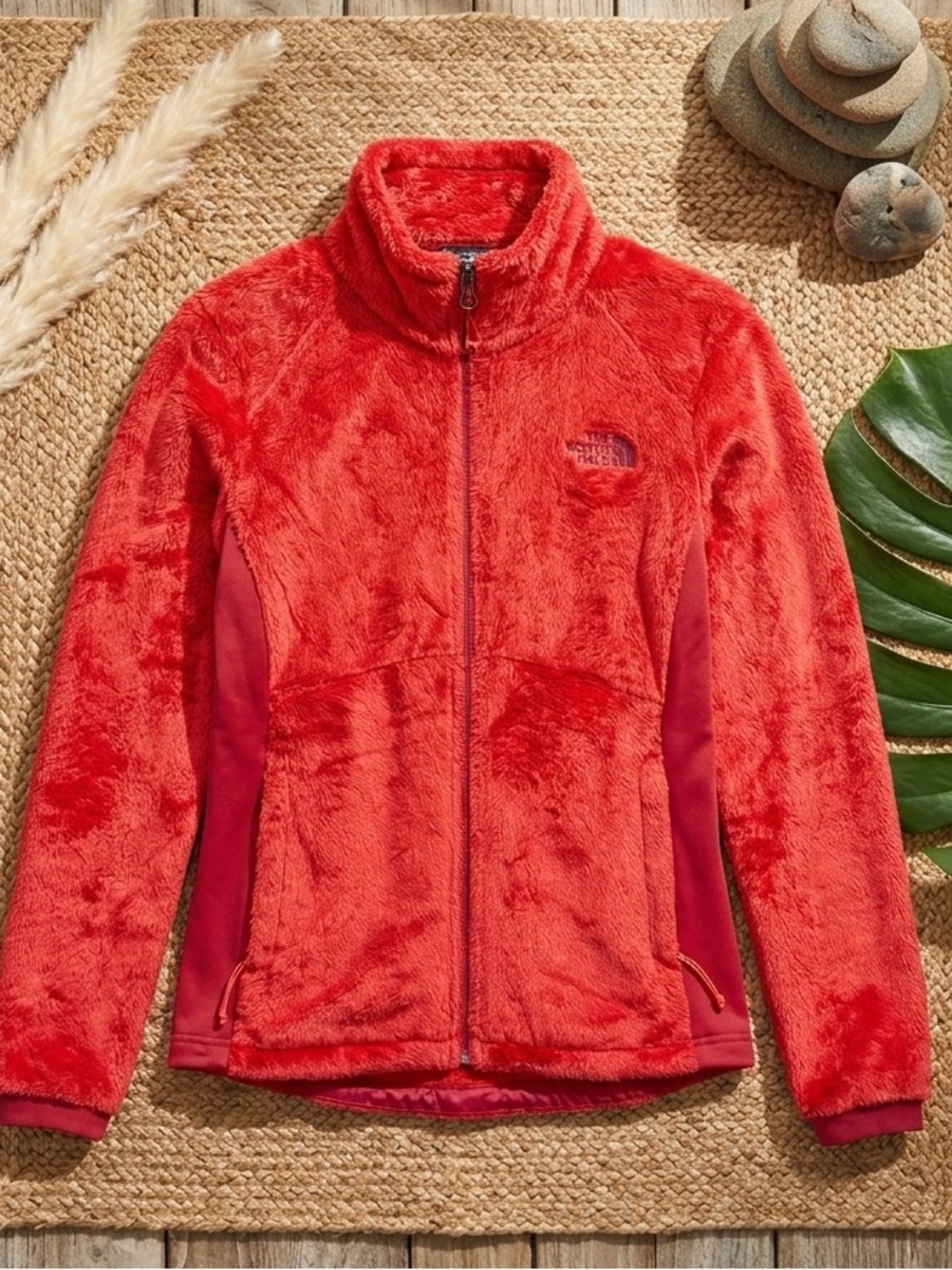 THE NORTH FACE Osito Sport Hybrid Fleece Jacket Orange Red Full Zip Fuzzy Coat